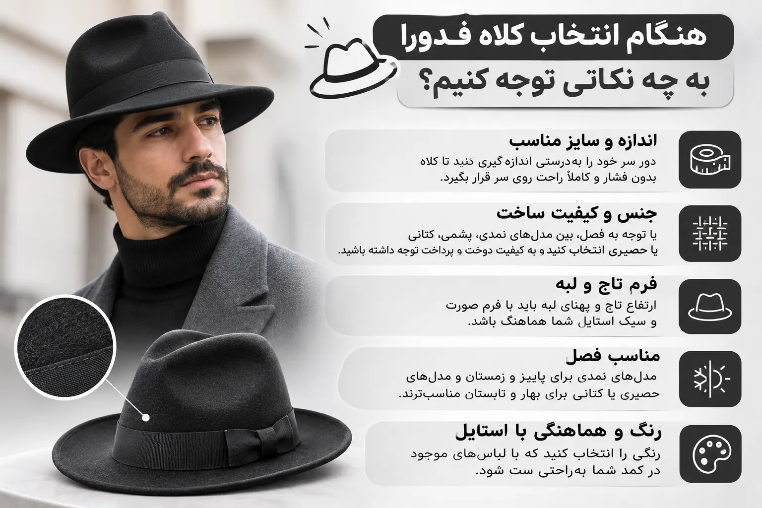 راهنمای انتخاب کلاه فدورا بر اساس سایز، جنس، فرم تاج، فصل و استایل